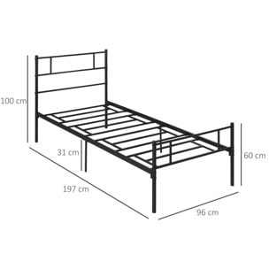 Cadre de lit simple 90 x 190 cm avec sommier à lattes - tête de lit, pied de lit inclus - acier noir