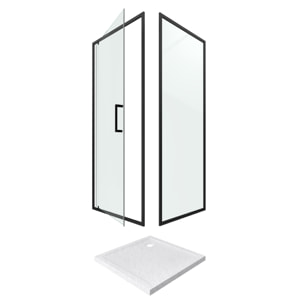 Porte de douche Pivotante et retour profilés noir + receveur a poser - 80x80x204cm - CRUSH PIVOTANTE