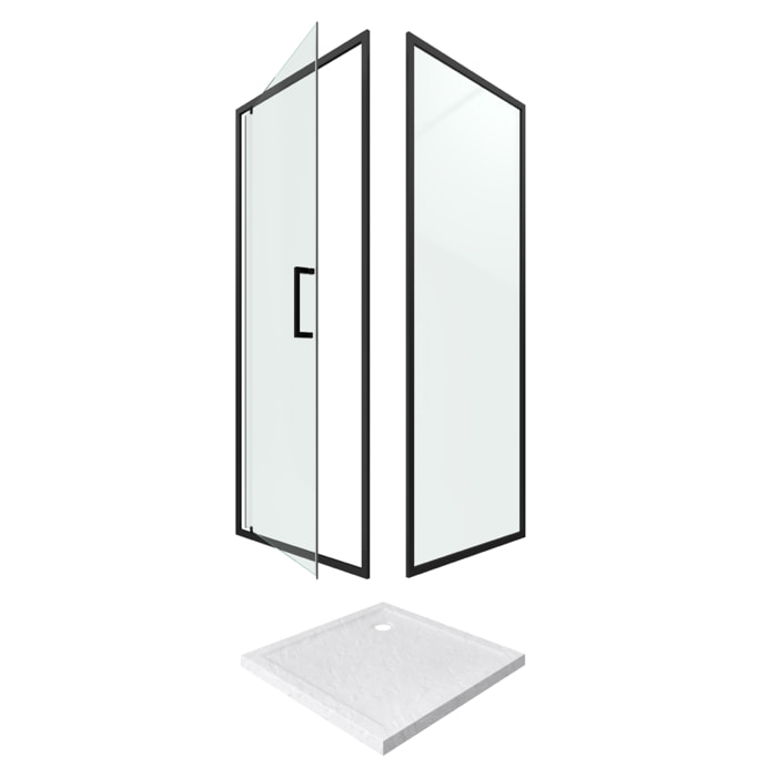 Porte de douche Pivotante et retour profilés noir + receveur a poser - 80x80x204cm - CRUSH PIVOTANTE