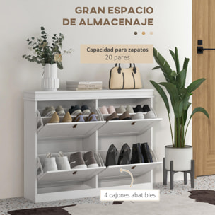 Mueble Zapatero Blanco Zapatero Estrecho con 4 Puertas Abatibles y Estantes Ajustables para 20 Pares de Zapatos Antivuelco para Recibidor Pasillo 150x24x82,5 cm