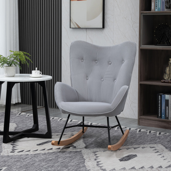 Fauteuil à bascule oreilles rocking chair grand confort accoudoirs assise dossier garnissage mousse haute densité aspect velours gris