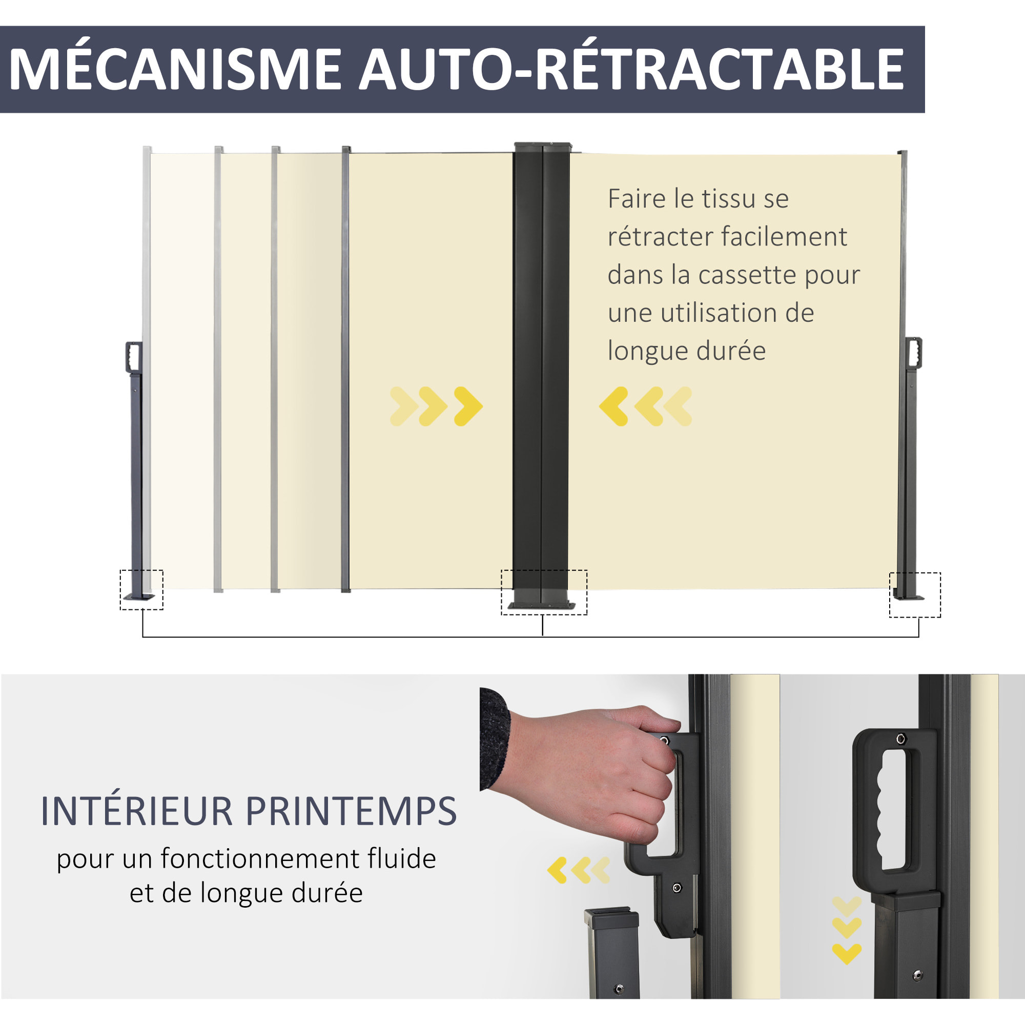 Double store latéral brise-vue paravent rétractable dim. 6L x 1,60H m polyester anti-UV haute densité crème