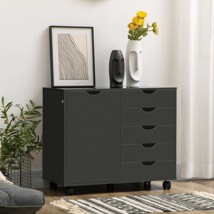 Caisson rangement bureau support d'imprimante 5 tiroirs porte étagère dim. 78L x 40l x 66H cm noir