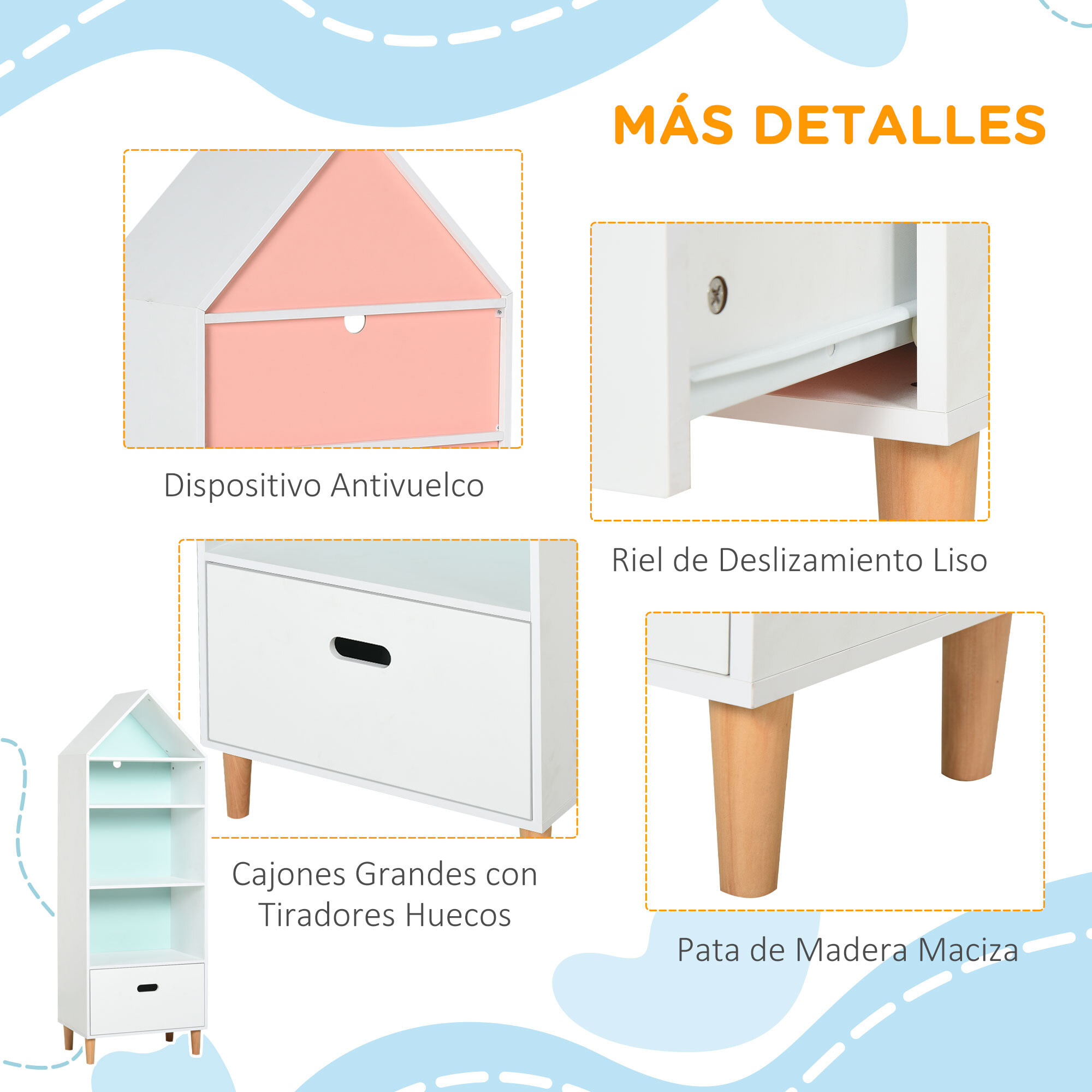 Estantería Infantil de Madera y MDF 50x30x142cm Blanco y Azul