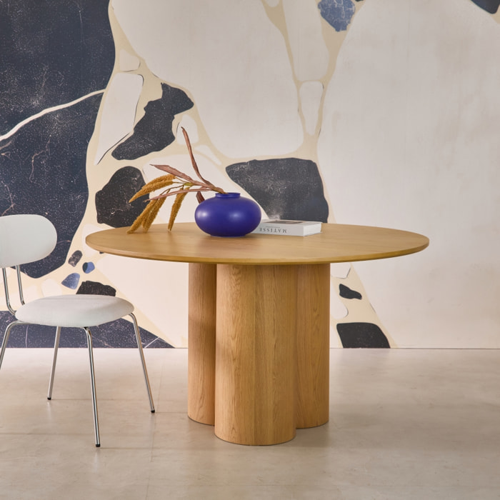 Table à manger ronde bois d'hévéa et placage chêne naturel 4 places 130cm - Leonore