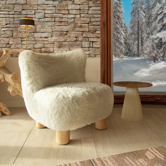 Fauteuil effet fourrure beige et structure en bois  ARTIC