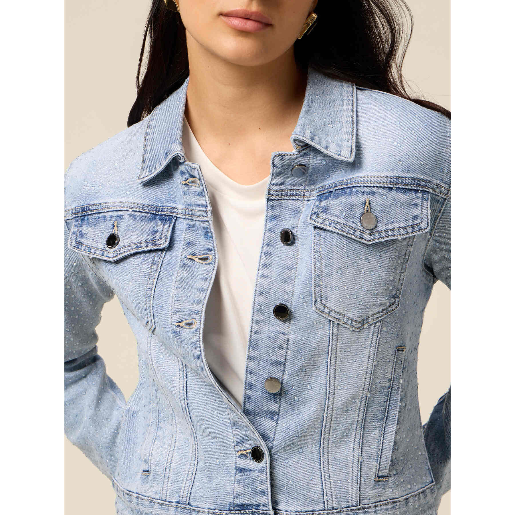 Oltre - Giubbotto denim con micro cristalli - Azzurro