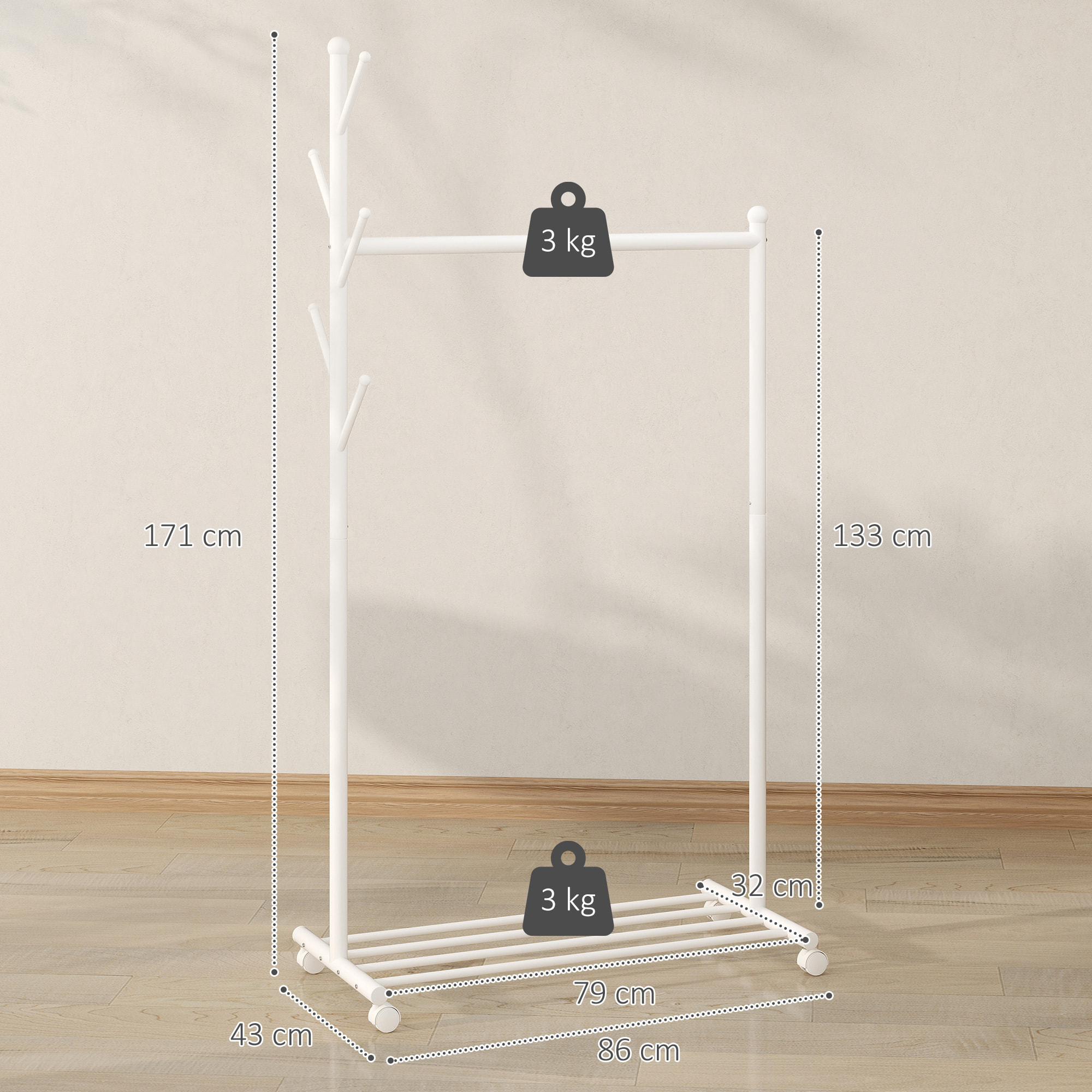 Burro Ropa con Ruedas, Perchero Burro Ropa con 5 Ganchos Barra para Colgar y Balda Inferior Perchero para Recibidor, Entrada, Dormitorio, 86x43x171 cm, Blanco