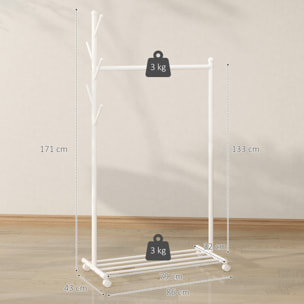 Burro Ropa con Ruedas, Perchero Burro Ropa con 5 Ganchos Barra para Colgar y Balda Inferior Perchero para Recibidor, Entrada, Dormitorio, 86x43x171 cm, Blanco