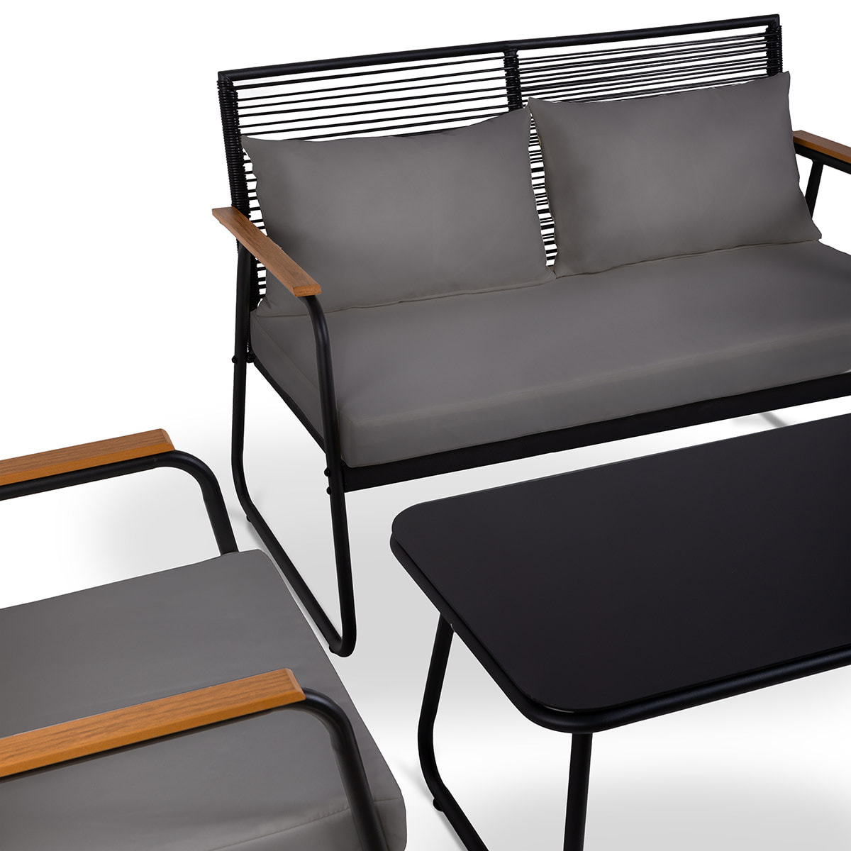 Conjunto de jardín 4 plazas, mesa centro+sofá+sillones de acero gris