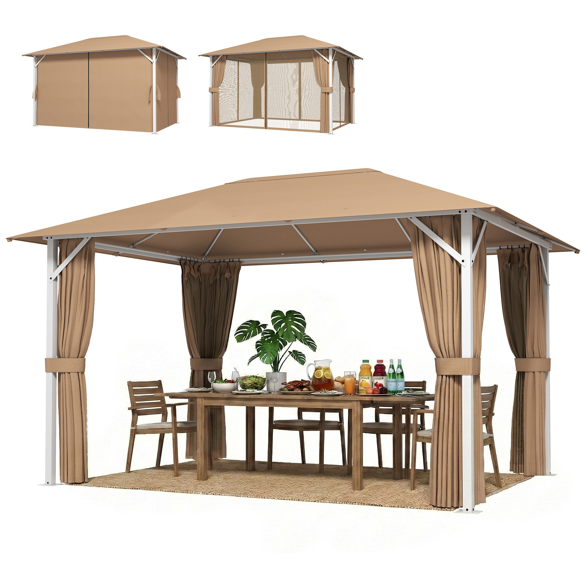 Pavillon de jardin style colonial coloris camel 4 x 3 m rideaux et moustiquaires inclus