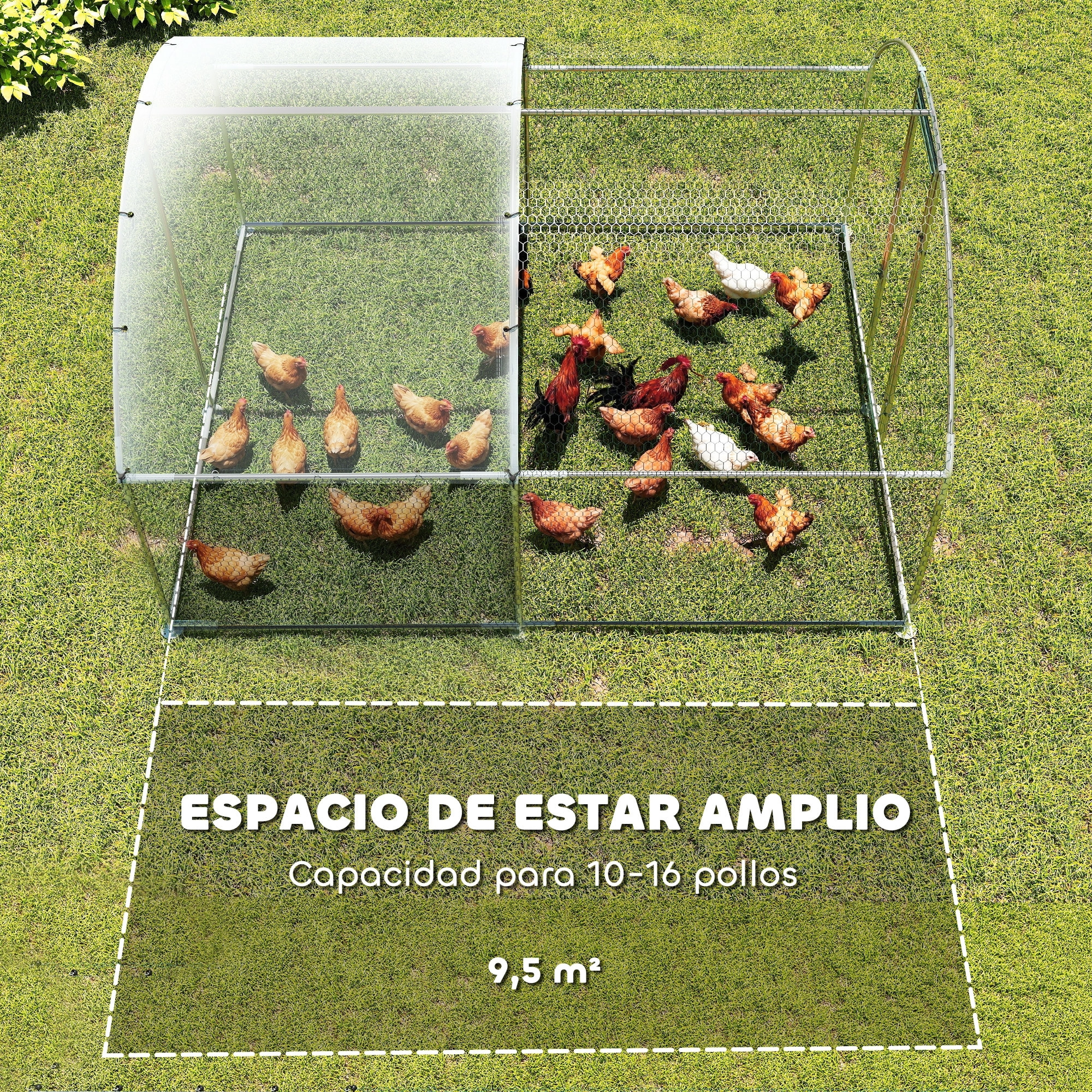 Gallinero para Exterior Grande 2,8x3,4x1,9 m, 9,5 m², Gallinero de Acero Galvanizado con Cubierta de Tela Oxford, Anti-UV e Impermeable, Puerta y Pestillos, Jaula para 10-16 Gallinas, Plata