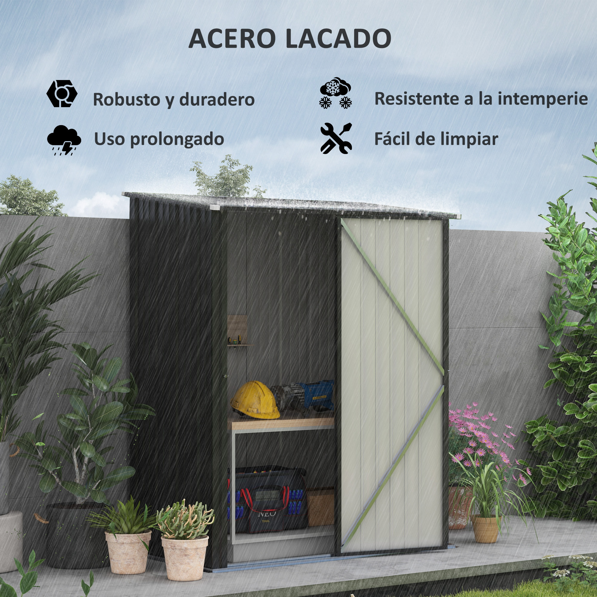 Cobertizo de Jardín Exterior 1,34 m² 161,5x94,5x196 cm Caseta de Jardín Exterior Metálica con 1 Puerta y Cerradura para Almacenamiento de Herramientas para Patio Terraza Negro Carbón