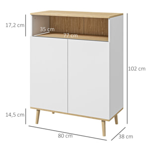 Buffet rangement design scandinave 2 portes étagère niche piètement bois pin panneaux blanc aspect chêne clair