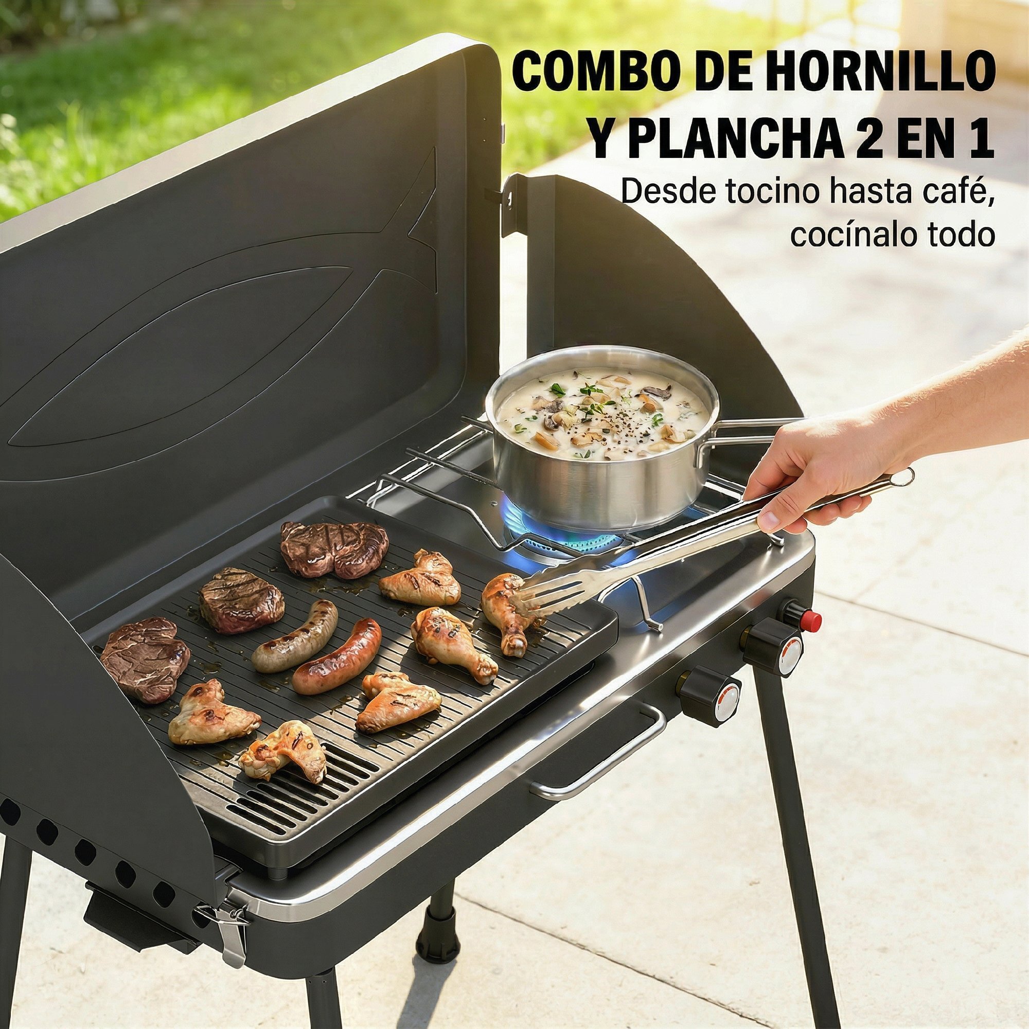 Barbacoa de Gas Portátil 2 en 1, Barbacoa de Gas Propano 7 kW de Mesa o de Pie con Plancha Grande, Patas Desmontables, Protectores de Viento, para Picnic, Camping, Negro