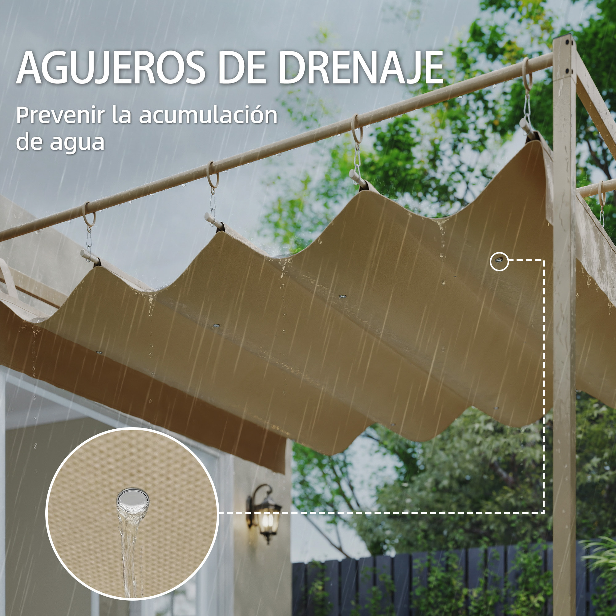 Pérgola de Pared de Jardín 3x3 m, Cenador de Jardín con Techo Retráctil, Protección UPF30+, Orificios de Drenaje y Estructura de Acero, Pabellón para Patio, Terraza, Exterior, Beige