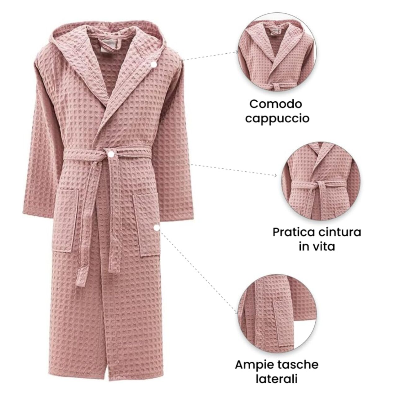 INTRECCI Accappatoio Tinta Unita Nido d’Ape 100% Cotone, Accappatoio Unisex Adulto con Cappuccio e Cinture