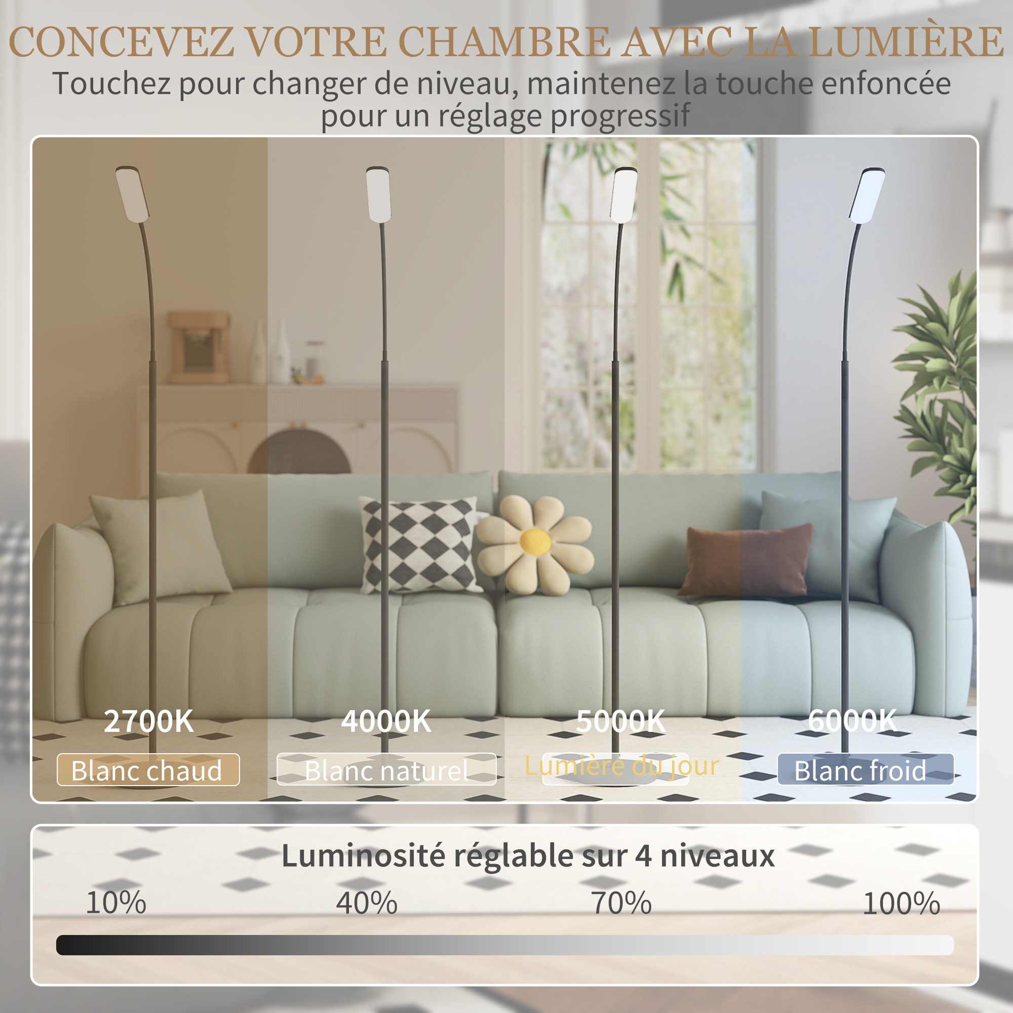 Lampadaire LED dimmable avec télécommande - contrôle tactile, réglable - H.175 cm - acier polycarbonate noir