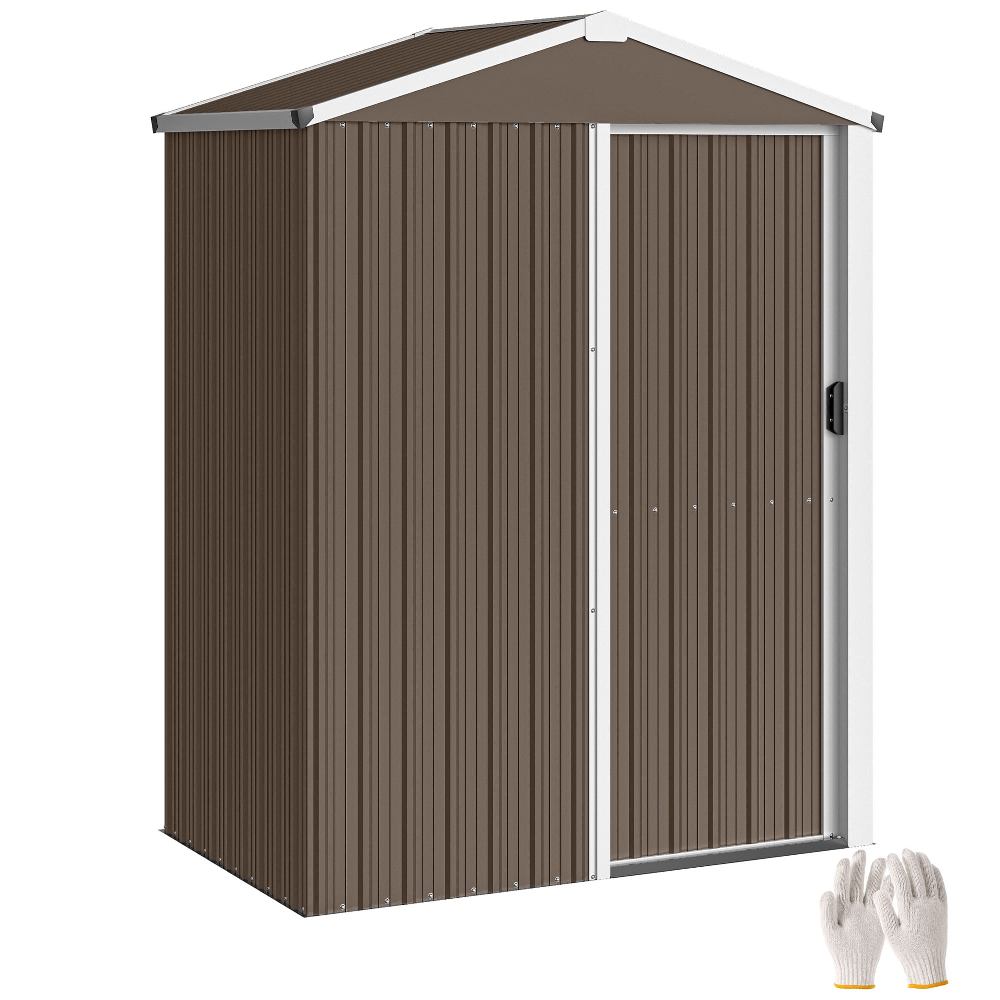 Caseta de Jardín Exterior 1,1 m², 136x87x179 cm, Cobertizo de Jardín Exterior Metálico con Puerta Corredera, Techo Inclinado y Guantes, para Almacenaje de Herramientas Bicicletas, Marrón