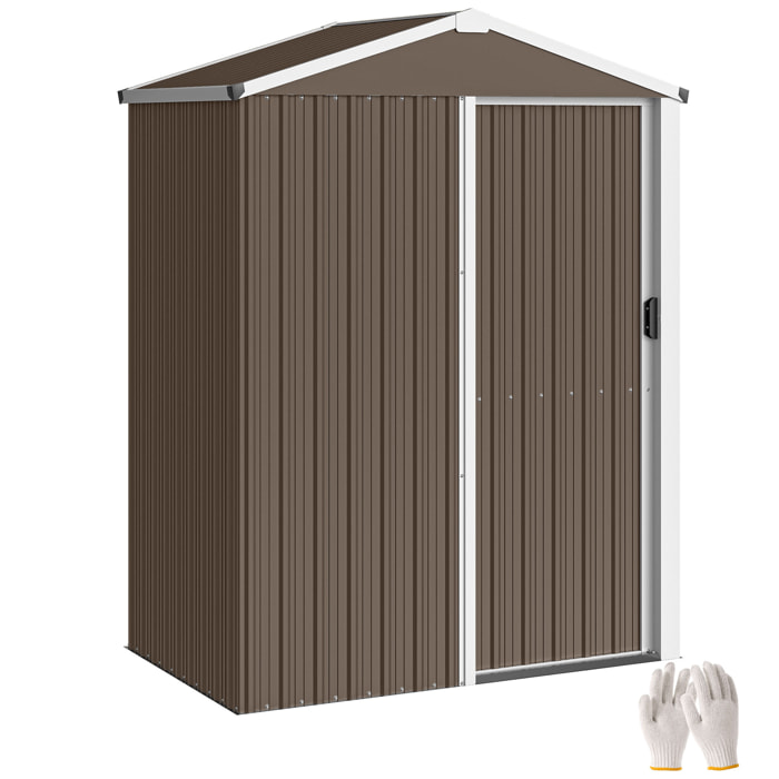 Caseta de Jardín Exterior 1,1 m², 136x87x179 cm, Cobertizo de Jardín Exterior Metálico con Puerta Corredera, Techo Inclinado y Guantes, para Almacenaje de Herramientas Bicicletas, Marrón