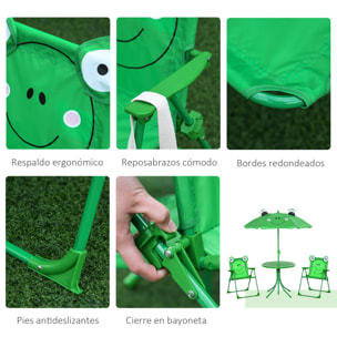 Set de Mesa y Sillas Infantil de Jardín Conjunto de Picnic Plegable para Niños Juego de Mesa con Sombrilla Ajustable en Altura de 100-125 cm Diseño de Rana Verde