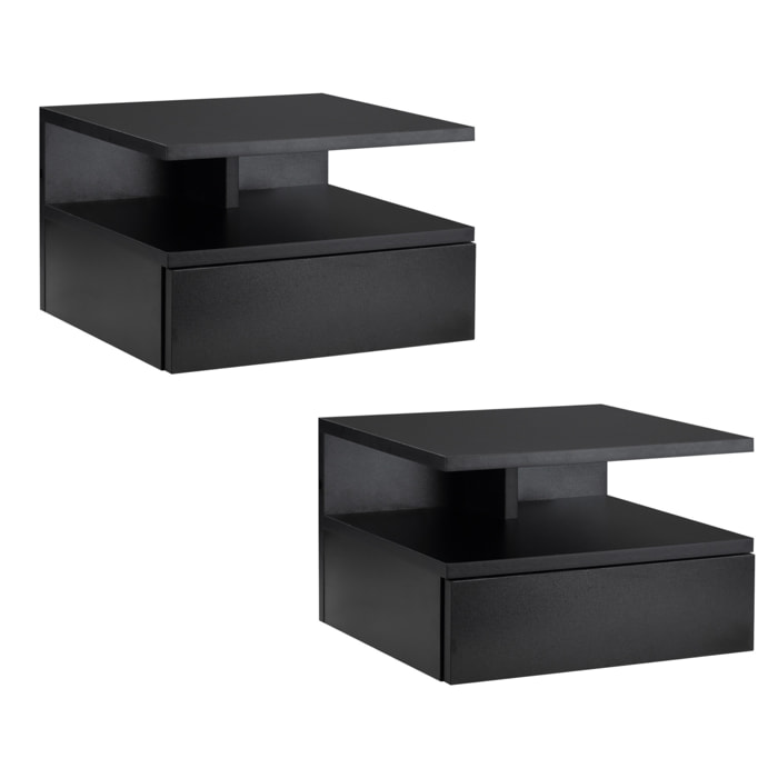 Lot de 2 tables de chevet murales - lot de 2 tables de nuit - tiroir coulissant, niche et plateau - panneau particules noir