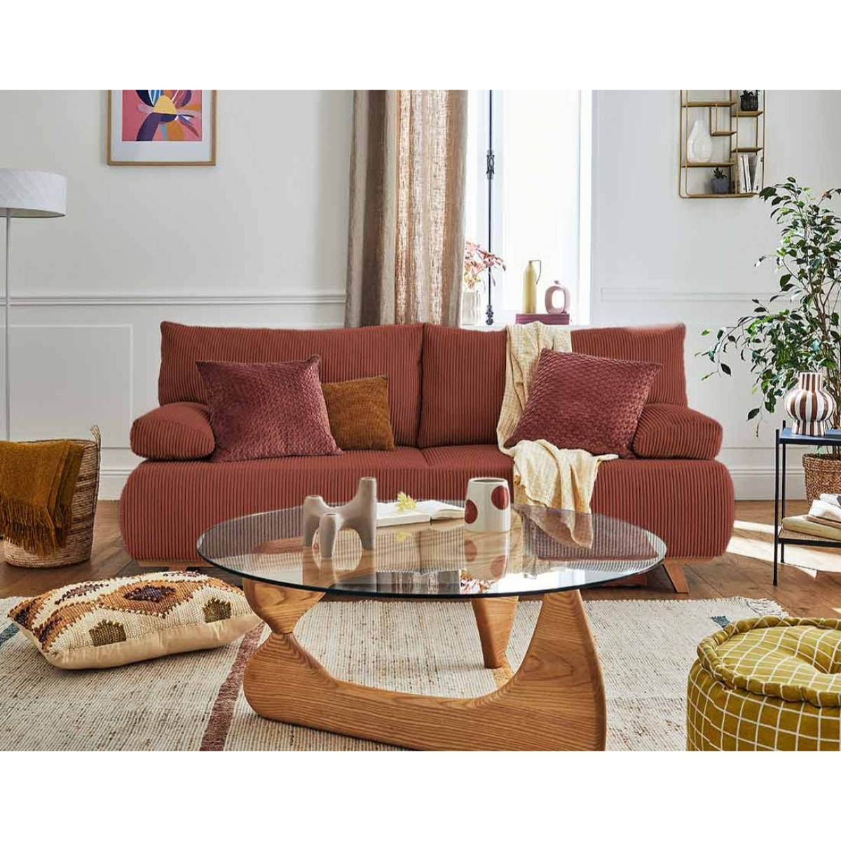 Cristal - canapé 3 places - convertible avec coffre - en velours côtelé - Terracotta