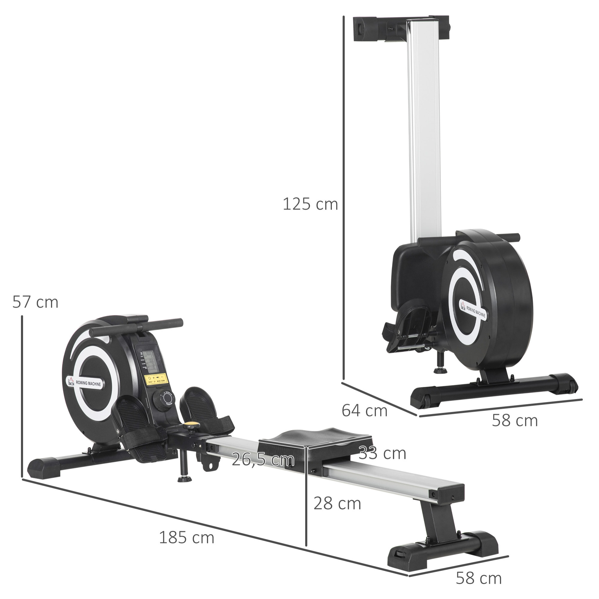 Máquina de Remo Plegable con 8 Niveles de Resistencia Magnética Volante de 4kg Monitor LCD Carga 120kg para Fitness Entrenamiento en Casa Acero Aluminio 185x58x57 cm Negro y Plata