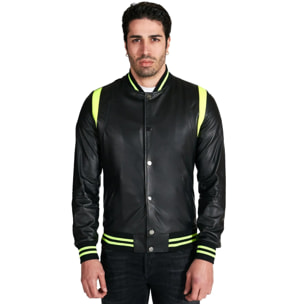 Giubbotto varsity in pelle nera e fluo con elastico bicolore