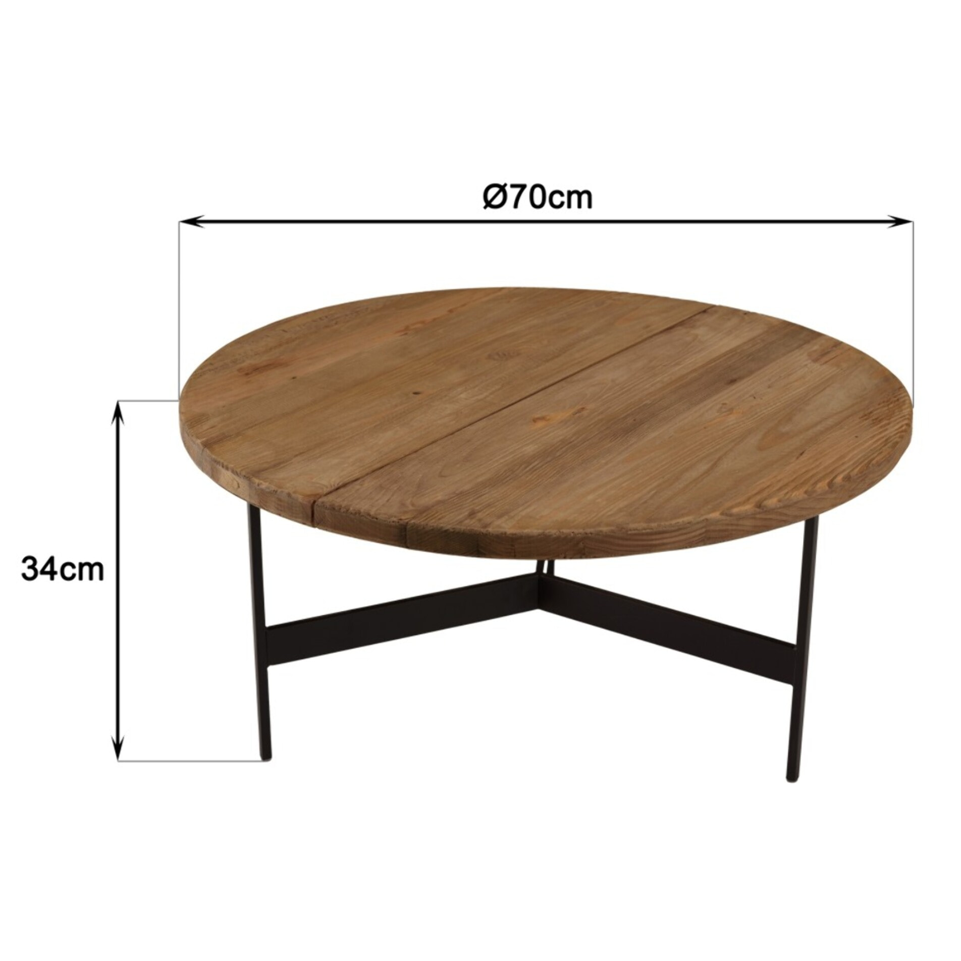 DANDY - Table basse ronde 70x70cm bois pin recyclé et pieds métal noir