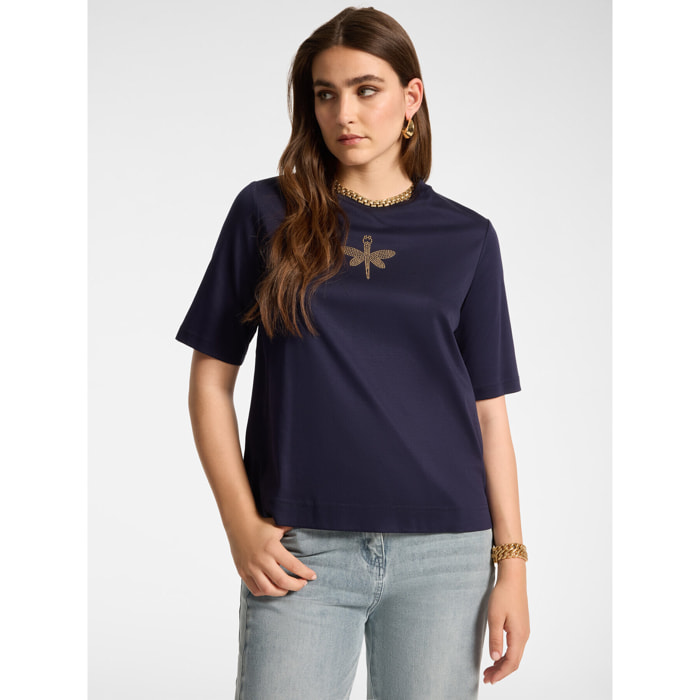 Elena Mirò - T-shirt in cotone con applicazione libellula - Blu