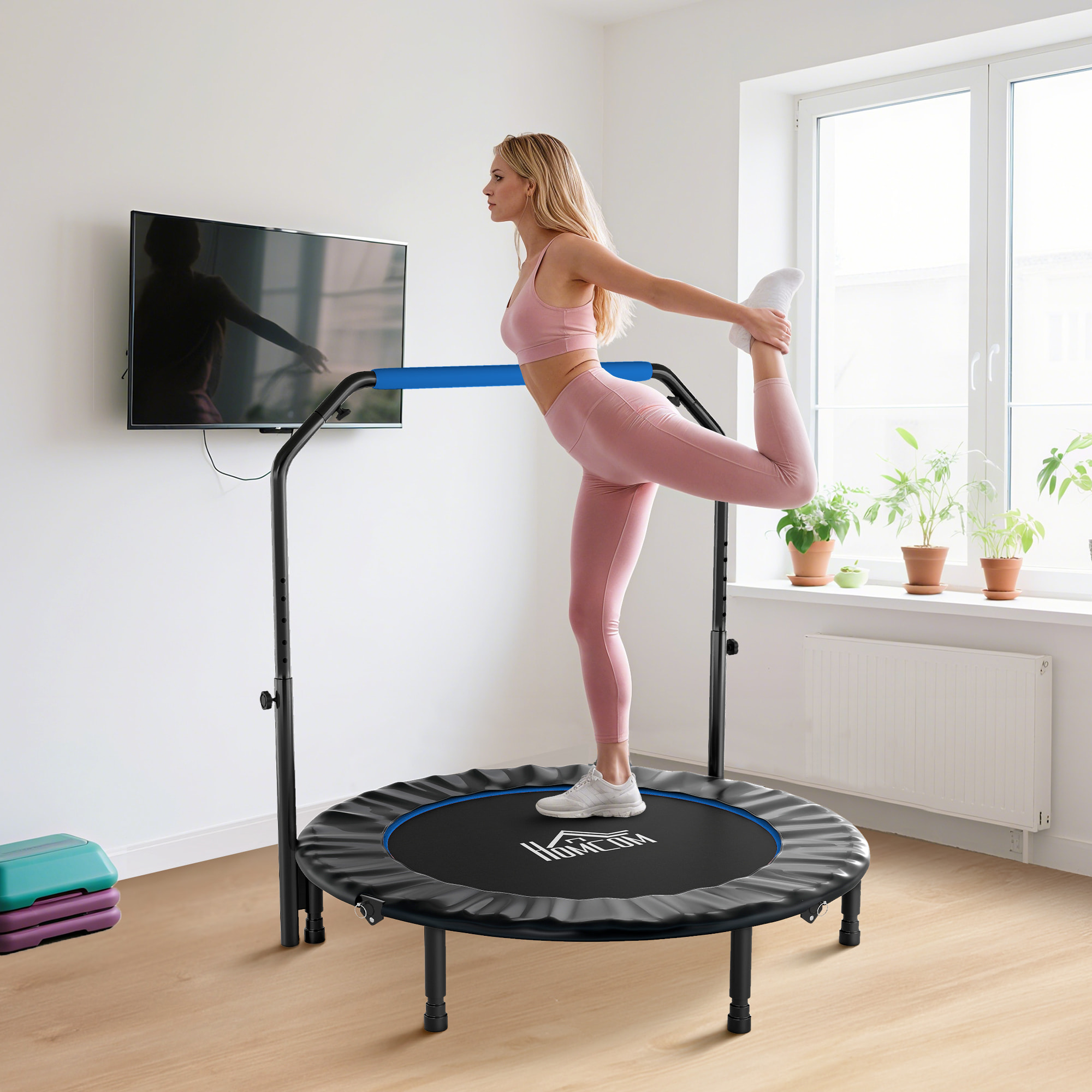 Trampolín de Fitness Adultos Ø122 cm, Cama Elástica Plegable con Mango Ajustable de 4 Niveles, Marco de Acero, para Entrenamiento Piernas, Cuerpo en Hogar, Oficina, Gimnasio, Negro y Azul
