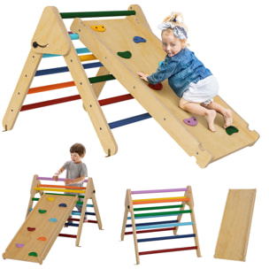3 en 1 Triángulo de Escalada Montessori, Escalada para Niños de Madera Plegable, para18-48 Meses, con Rampa, para Deslizarse o Escalar, 147x64,5 cm, Multicolor