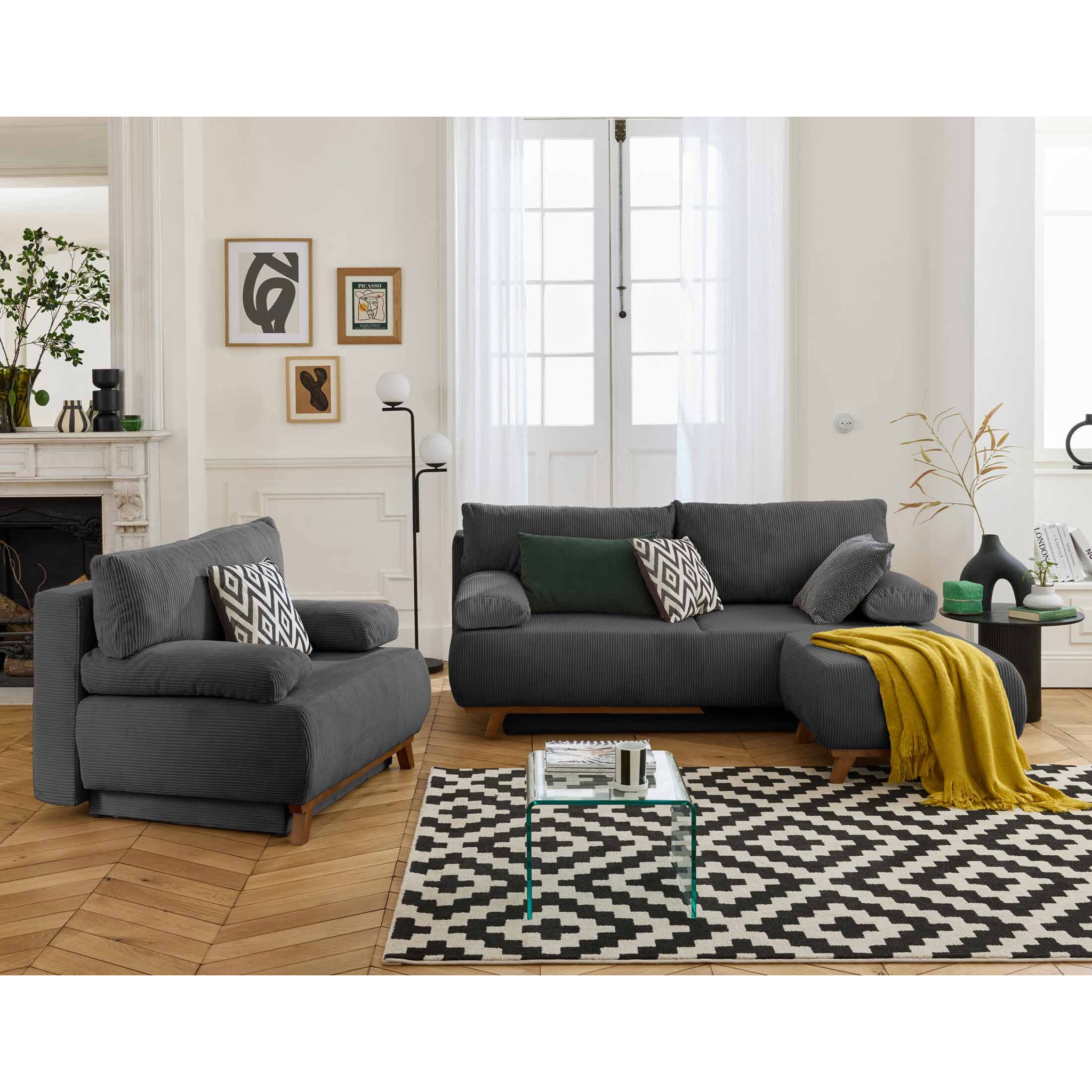 Cristal - canapé 3 places - convertible avec coffre et pouf - en velours côtelé - Gris foncé