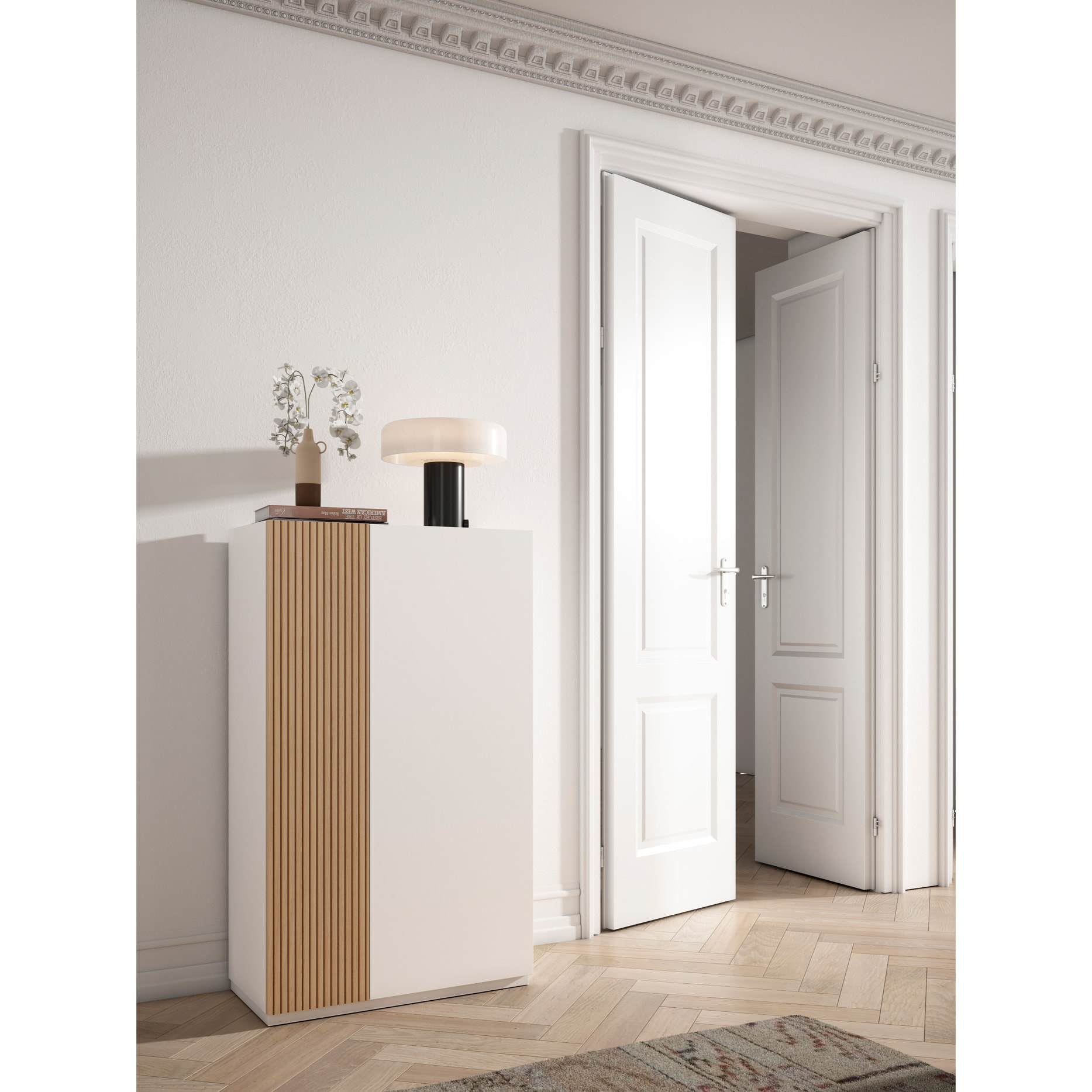 Zapatero Akra melamina blanco puerta impresión vallado 122x70x35 cm