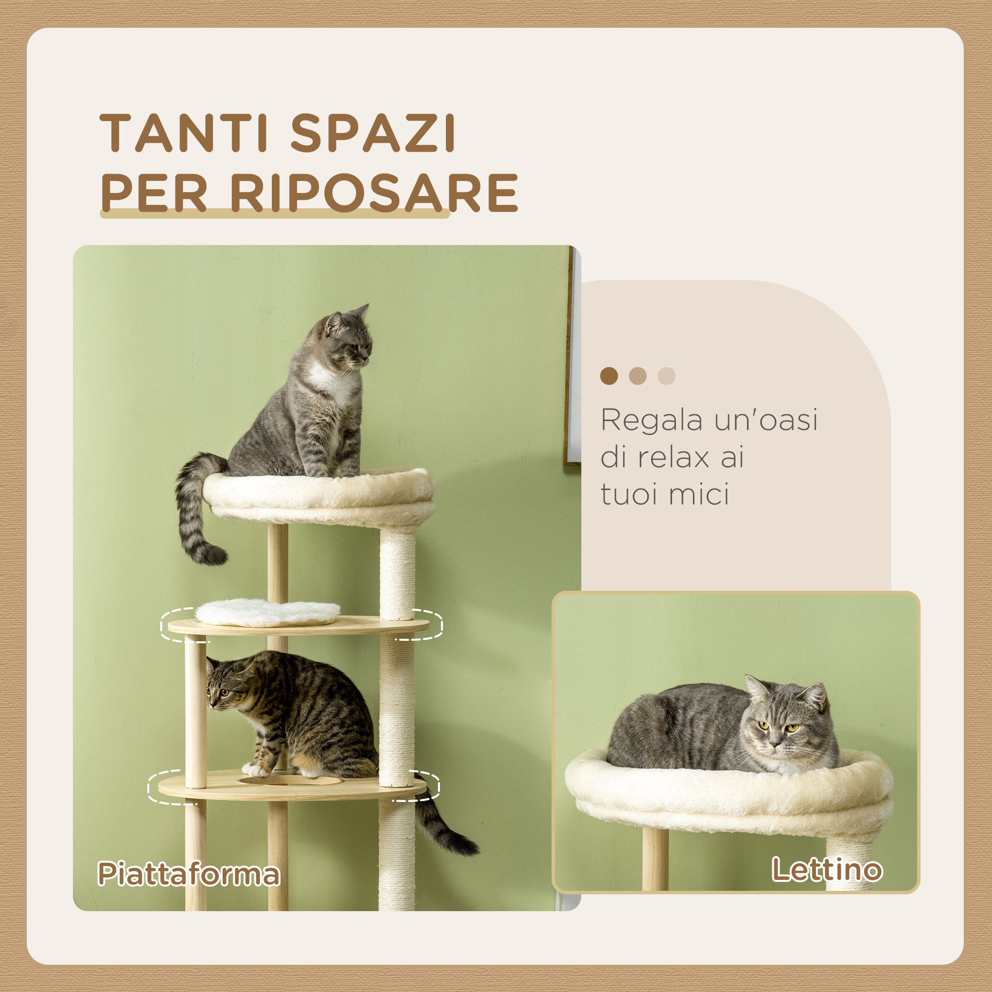 PawHut Tiragraffi per Gatti in Truciolato e Legno di Pino con Lettino e Piattaforme, Ø54x123.5 cm