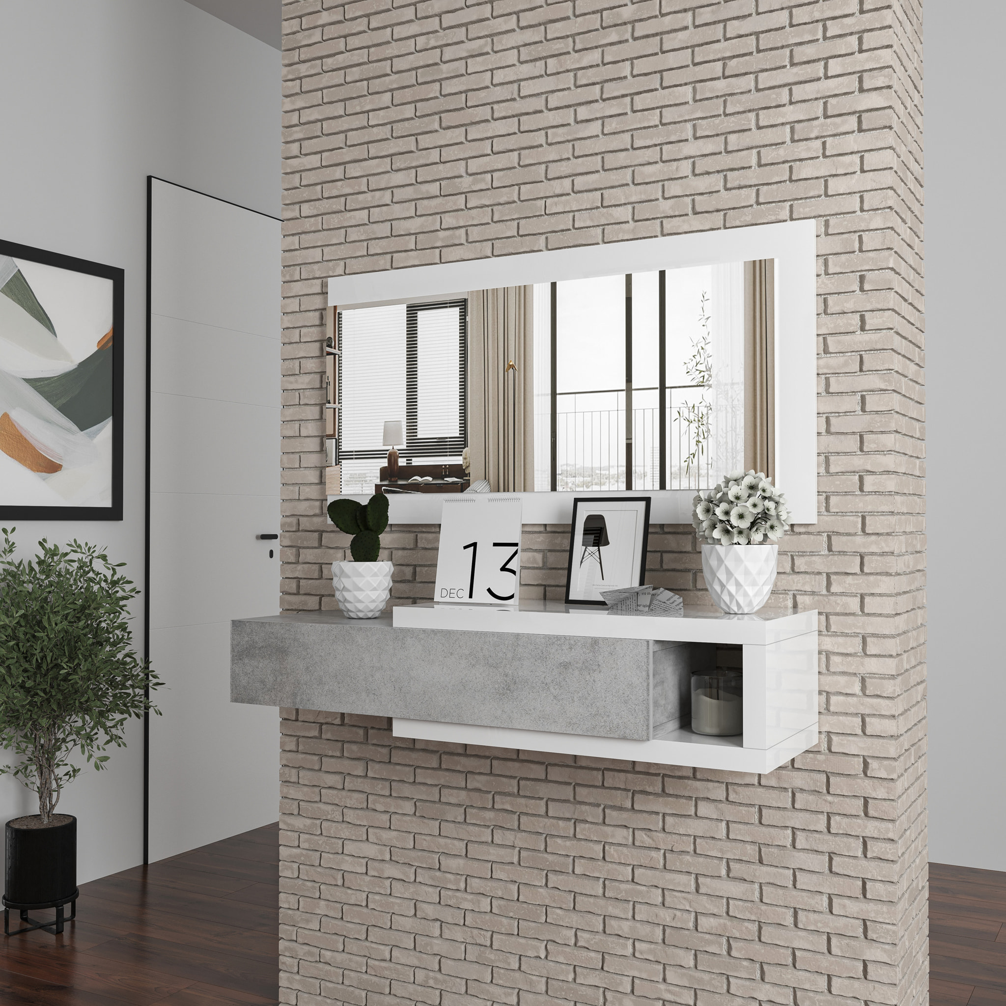 Mobile Maiorca Mobiletto da Ingresso Sospeso con Cassetto Mensola e Specchio Arredo Arredamento Sala 81 x 116 x 29 cm Bianco Lucido e Grigio Cemento