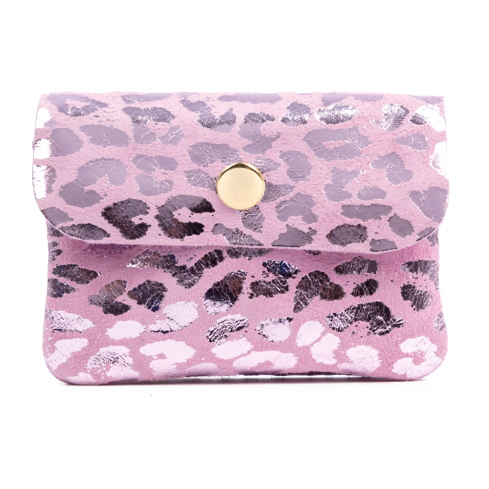 Alpignano monedero mujer. Piel auténtica Gamuza, diseño animal print leopardo, lacada brillante.