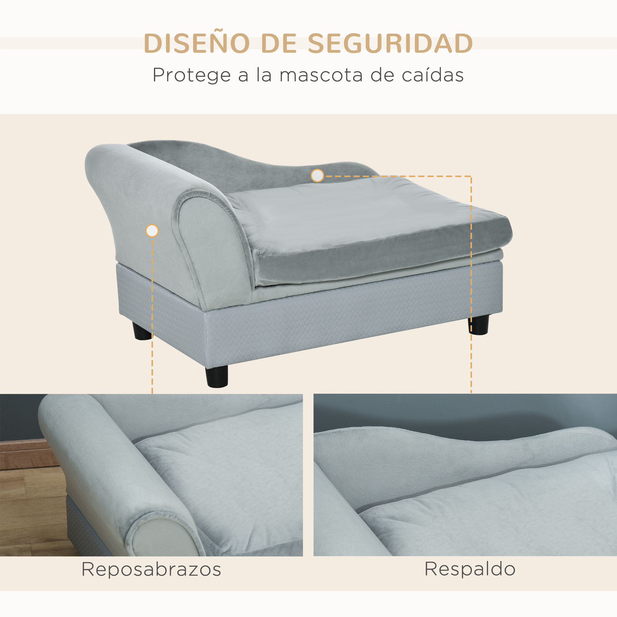Sofá para Perros Pequeños Sofá para Gatos Tapizado en Terciopelo con Almacenaje Oculto y Cojín Lavable Carga 10 kg 76x45x43 cm Gris Claro