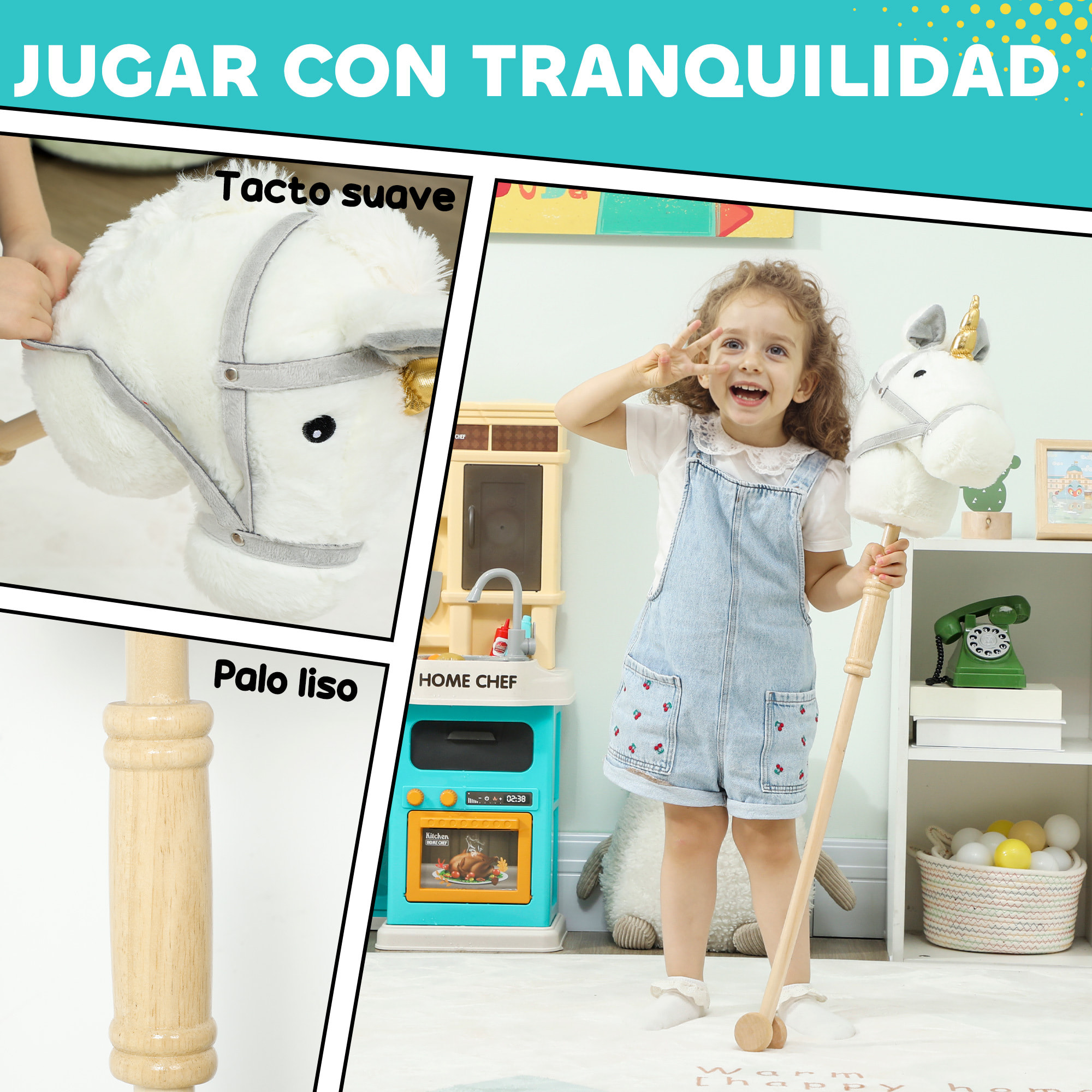 Cabeza de Caballo con Palo de Madera, Diseño Unicornio, Sonidos y Ruedas, Caballo de Juguete, 95 cm de Altura, Blanco