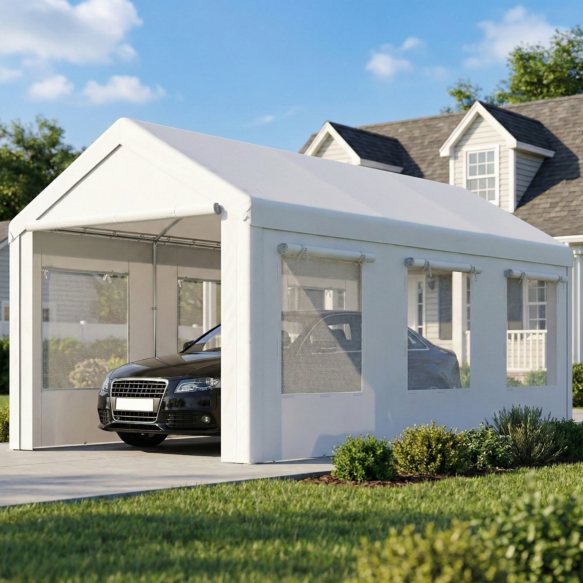 Carport auvent pour voiture 6x3m 8 fenêtres 2 portes zippées acier galvanisé robuste PE haute densité blanc