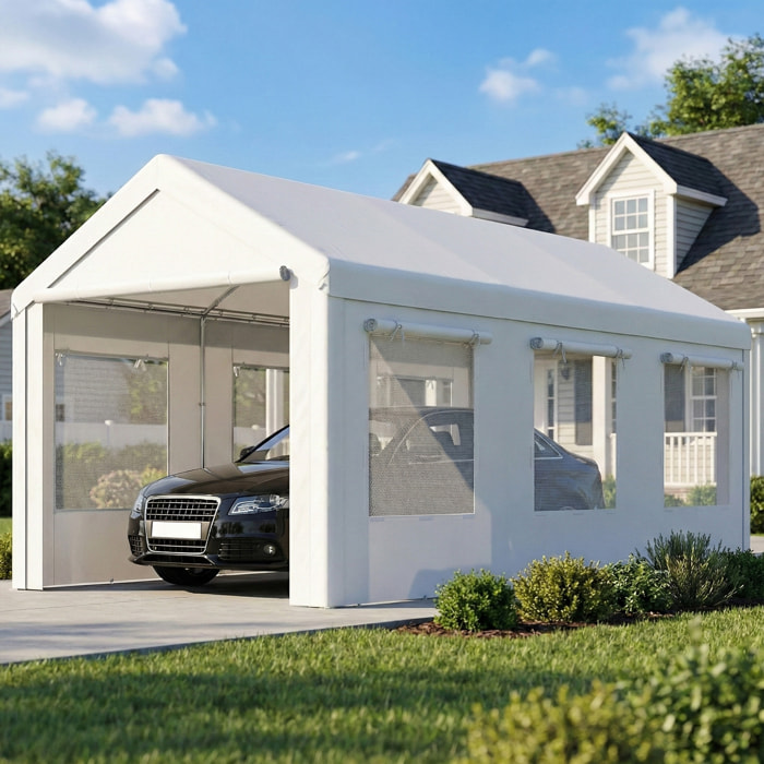 Carport auvent pour voiture 6x3m 8 fenêtres 2 portes zippées acier galvanisé robuste PE haute densité blanc