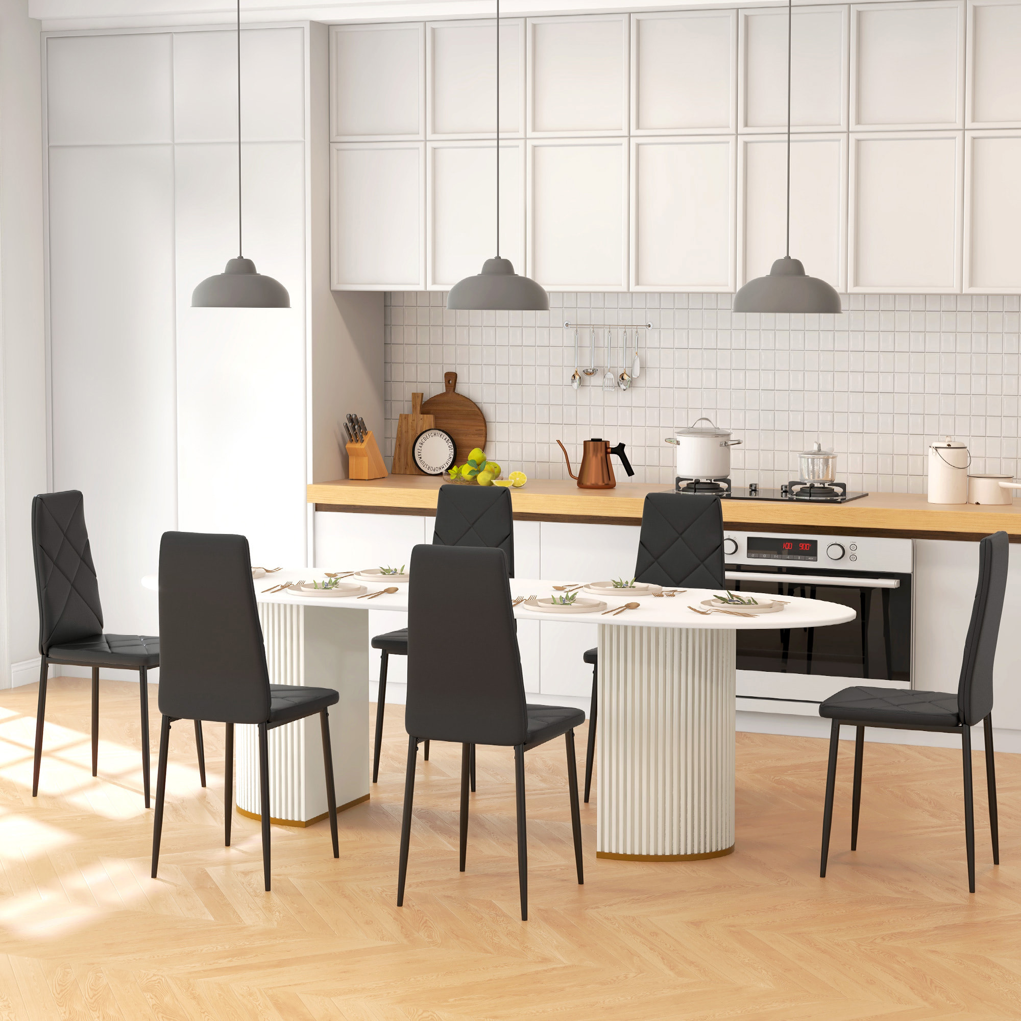 Pack de 6 Sillas de Comedor, Sillas de Cocina Modernas, Tapizadas de Cuero Sintético, Respaldo Alto, Asiento Acolchado, Patas de Acero, Negro