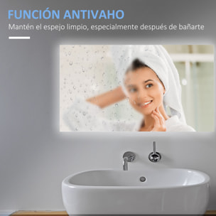 Espejo de Baño con Luz LED Espejo de Pared Antivaho 90x60 cm Interruptor Táctil 3 Luces Ajustable Función de Memoria y Marco de Aluminio Suspensión Vertical u Horizontal Plata