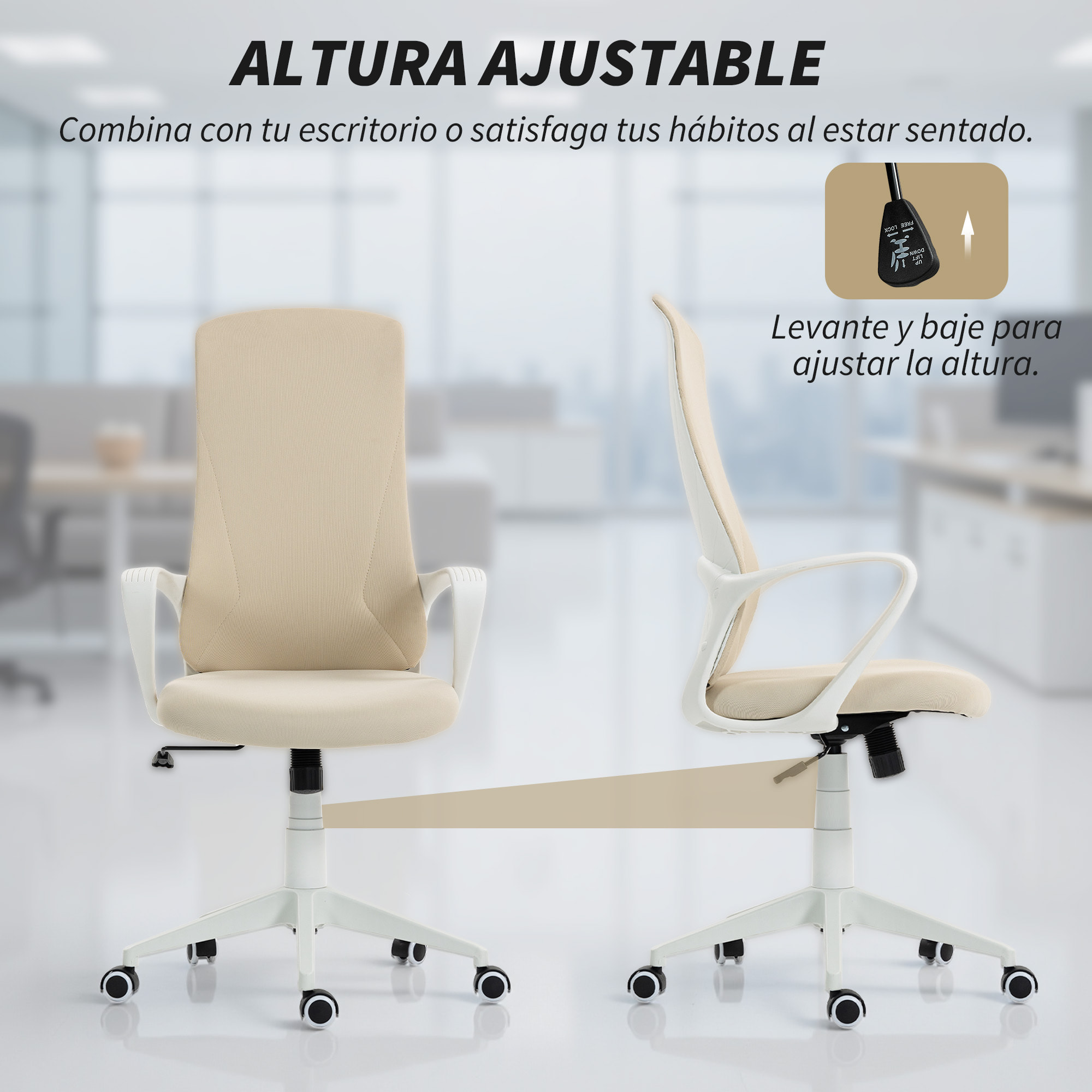 Silla de Oficina Giratoria Silla de Escritorio Juvenil con Altura Ajustable Función de Basculante Reposabrazos y Respaldo Alto 62x56x110-119,5 cm Beige