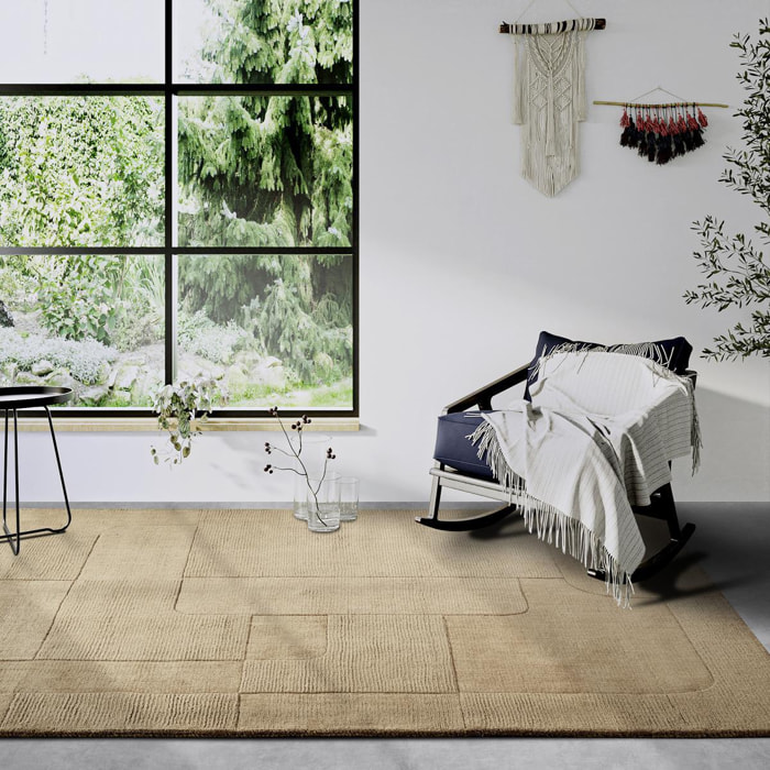 Tapis salon géométrique, laine tissé main, confort authentique
