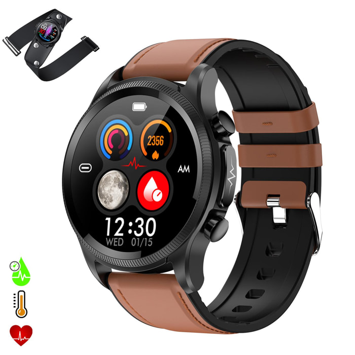 Smartwatch E400 con rilevamento della glicemia, pressione sanguigna e monitor O2. ECG con misurazione del torace. Cinturino in pelle.