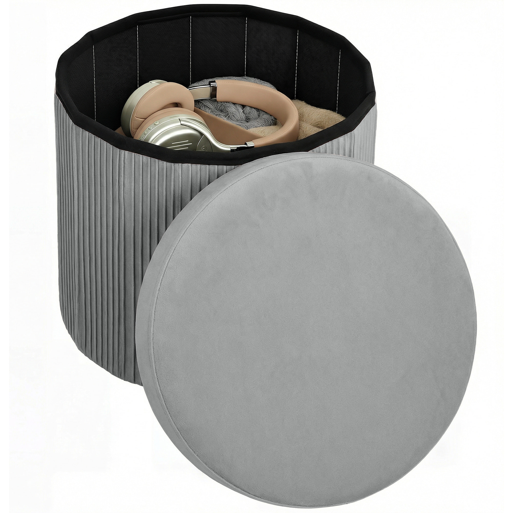 Puff Almacenaje, Banco Almacenaje Plegable, 35 L, 38x38x38 cm, Tapizado en Terciopelo, Baúl de Almacenamiento Redondo, Carga 120 kg, Taburete para Sala de Estar, Dormitorio, Entrada Gris Oscuro