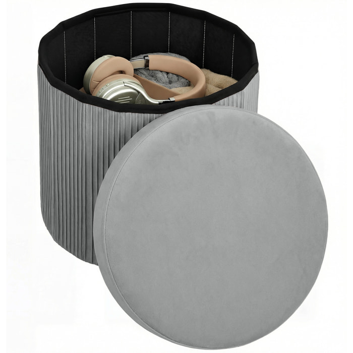 Puff Almacenaje, Banco Almacenaje Plegable, 35 L, 38x38x38 cm, Tapizado en Terciopelo, Baúl de Almacenamiento Redondo, Carga 120 kg, Taburete para Sala de Estar, Dormitorio, Entrada Gris Oscuro