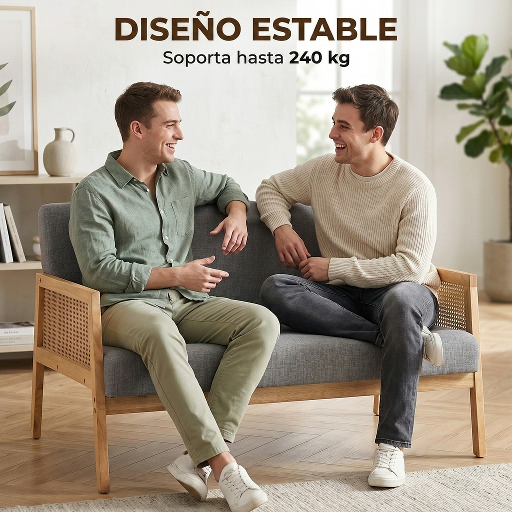 HOMCOM Sofá de 2 Plazas Tapizado en Lino Sintético con Detalles Ratán Sintético, Sofá Compacto Moderno con Estructura de Madera de Caucho, Carga 240 kg para Dormitorio, Salón, 115x77x77 cm, Gris Claro